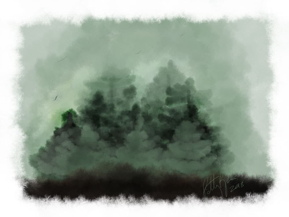 A ProCreate painting of trees and fog featuring a limited palette of greens.